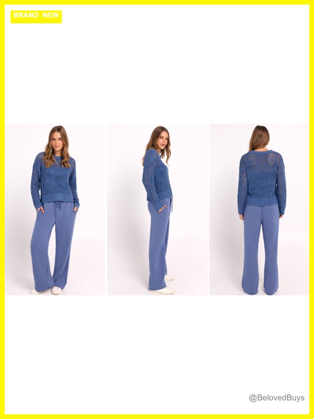 2pc Lounge Set Crochet Sheer Knit Top Wide Leg Pants Sweatsuit Travel Outfit - Picture 7 of 7
